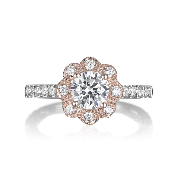 Floral Round Engagement Ring S201516A and Band Set S201516B